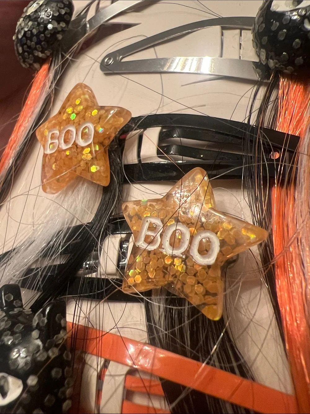 Cat & Jack Halloween Clip-In Hair Strands in Orange, Black, White